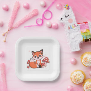 Cute Kawaii Fox with Mushrooms Cartoon Art Paper Plates