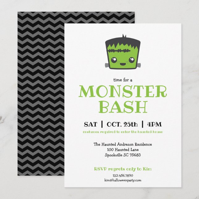 Cute Kawaii Frankenstein Monster Halloween Party Invitation (Front/Back)