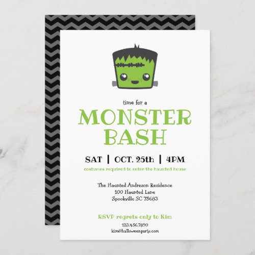 Cute Kawaii Frankenstein Monster Halloween Party Invitation