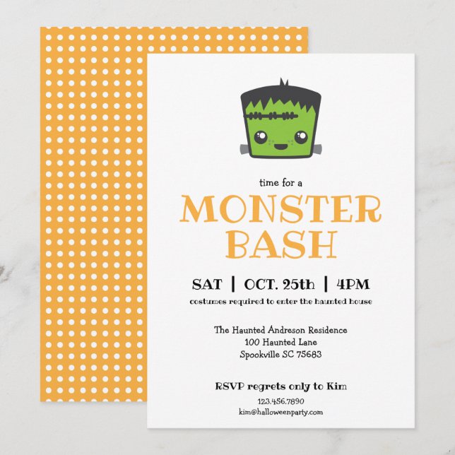 Cute Kawaii Frankenstein Monster Halloween Party Invitation (Front/Back)