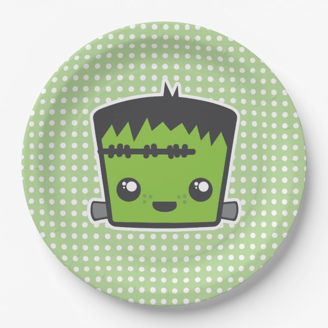 Cute Kawaii Frankenstein Monster Halloween Party Paper Plates (Front)