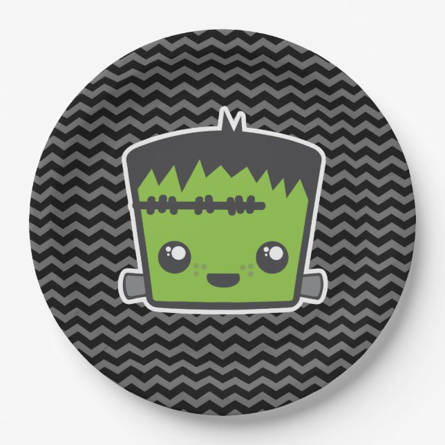 Cute Kawaii Frankenstein Monster Halloween Party Paper Plates (Front)