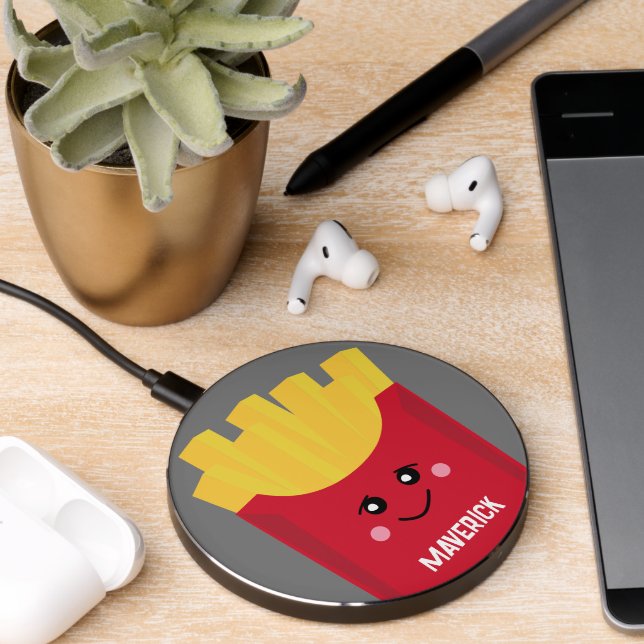 Cute Kawaii French Fries Cartoon with Custom Name Wireless Charger (Desk 2)