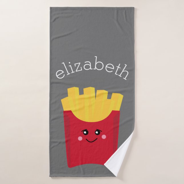 Cute Kawaii French Fries with Custom Name Bath Towel (Bath Towel)