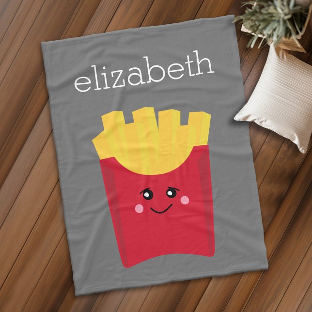 Cute Kawaii French Fries with Custom Name Fleece Blanket (Personalized fleece blanket with kawaii french fries)
