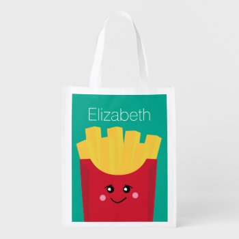 Cute Kawaii French Fries With Custom Name Grocery Bag by MyPetShop at Zazzle