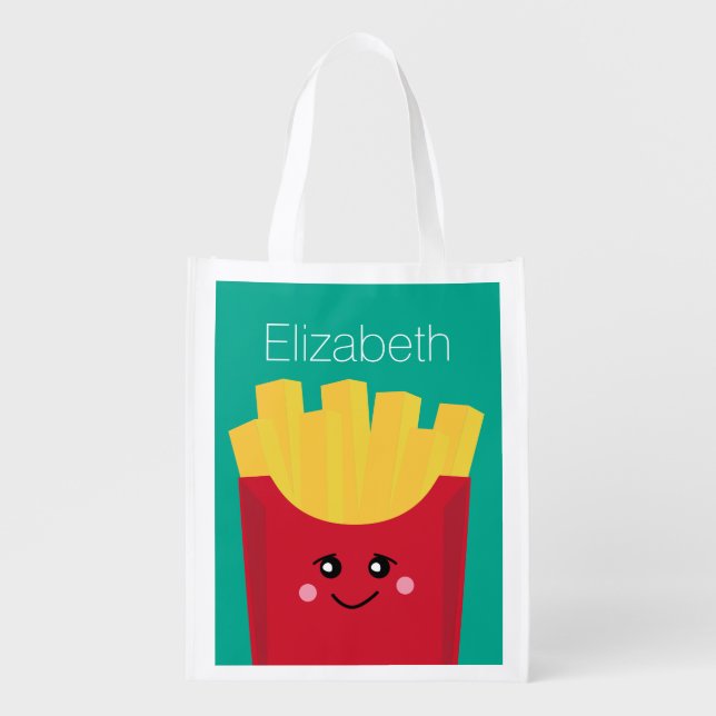 Cute Kawaii French Fries with Custom Name Grocery Bag (Front)