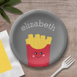 Cute Kawaii French Fries with Custom Name Paper Plates<br><div class="desc">A modern drawing of a french fry box with bright colors.</div>