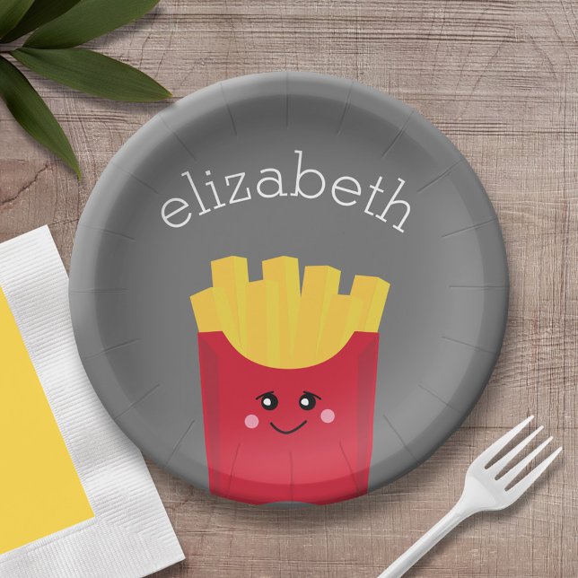 Cute Kawaii French Fries with Custom Name Paper Plates (Personalized party plate with area for name - french fries)