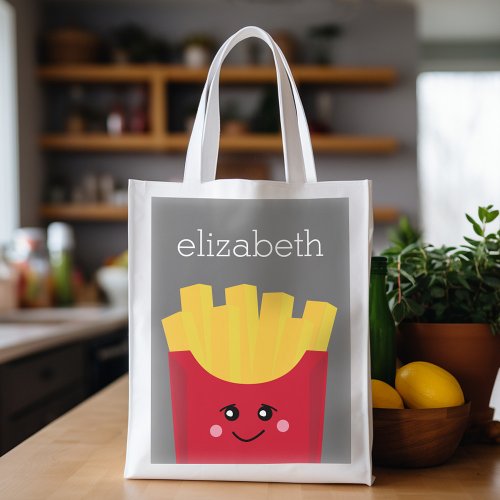 Cute Kawaii French Fries with Custom Name Reusable Grocery Bag