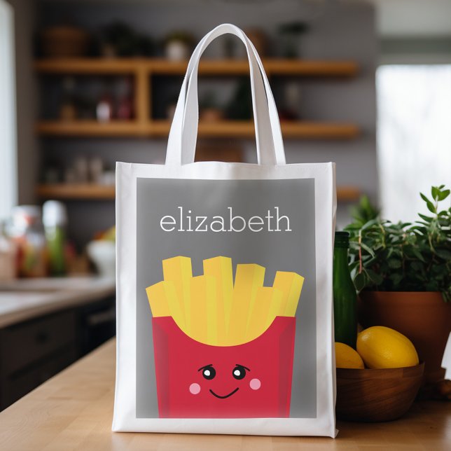 Cute Kawaii French Fries with Custom Name Reusable Grocery Bag (Personalized grocery tote with kawaii fries and custom text)