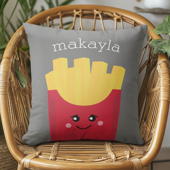 Cute Kawaii French Fries with Custom Name Throw Pillow (Whimsical French Fries Pillow)