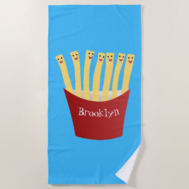 Cute kawaii fries fast food cartoon illustration beach towel (Front)