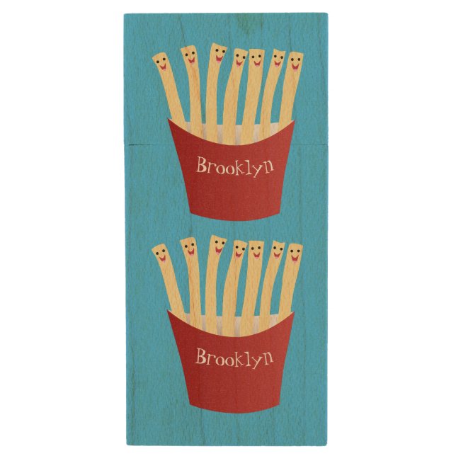 Cute kawaii fries fast food cartoon illustration wood flash drive (Front Vertical)