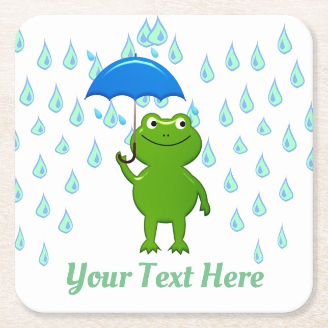 Cute Kawaii Frog and Rain Square Paper Coaster (Front)