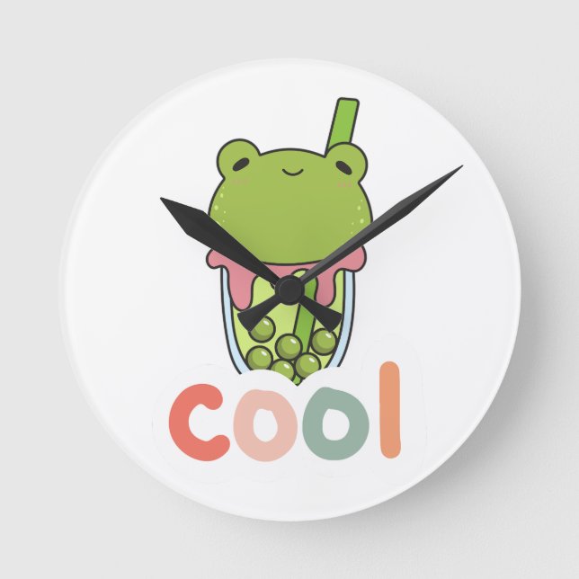 Cute Kawaii Frog Bubble Tea Cool Typography Vector Round Clock (Front)