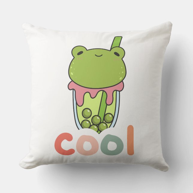 Cute Kawaii Frog Bubble Tea Cool Typography Vector Throw Pillow (Front)