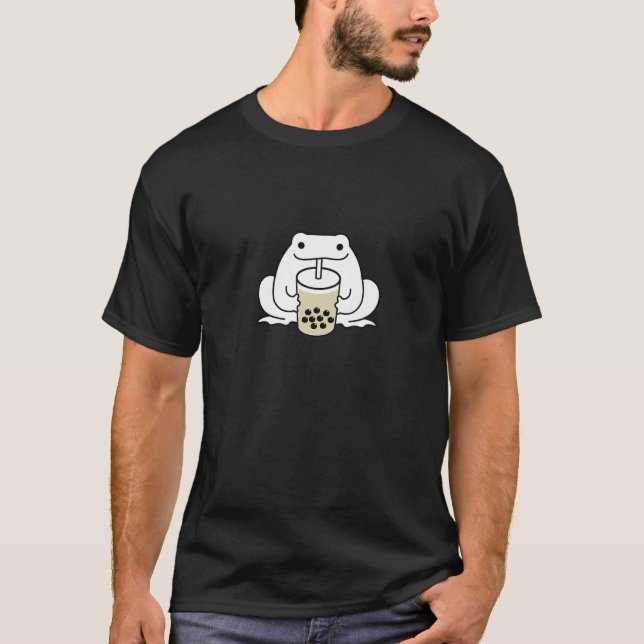 Cute Kawaii Frog Drinking Boba Bubble Milk Tea T-Shirt (Front)