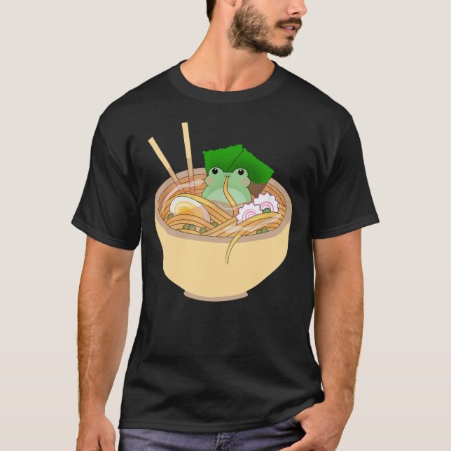 Cute Kawaii Frog Eating In Ramen Bowl T-Shirt (Front)