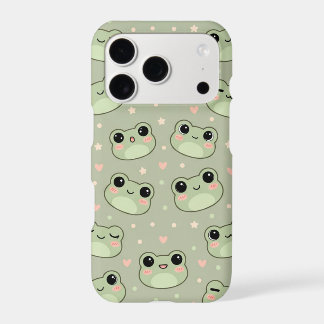 Cute Kawaii Frog Faces Sage Green Pastel Hearts Iphone 18 Pro Case