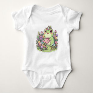 Cute Kawaii Frog Gardening Flowers Baby Bodysuit