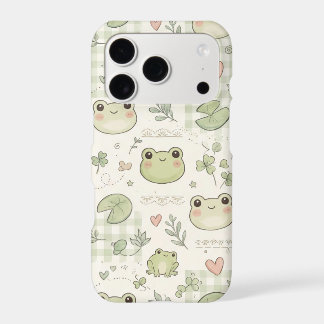 Cute Kawaii Frog Sage Green Gingham Cottagecore Iphone 18 Pro Case
