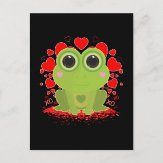 Cute Kawaii Frog With Hearts on Solid Black Postcard