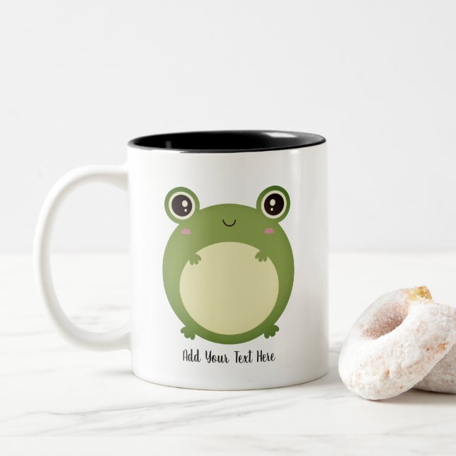 Cute Kawaii Frog with Personalized Text  Two-Tone Coffee Mug (With Donut)