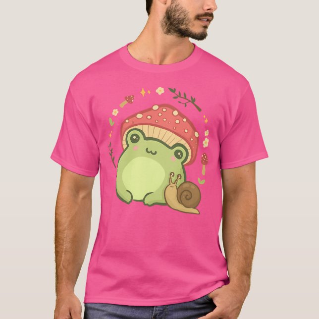 Cute Kawaii Frog With Toadstool Mushroom Hat And S T-Shirt (Front)