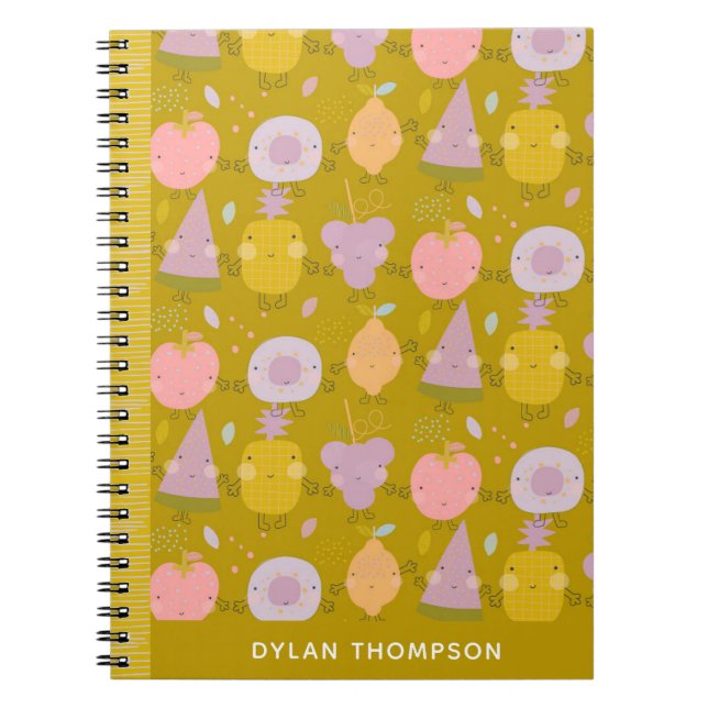 Cute Kawaii Fruit Pattern Personalized Name Green Notebook (Front)