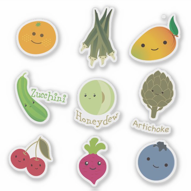 Cute Kawaii  Frutis and Vegetables Sticker Set (Front)
