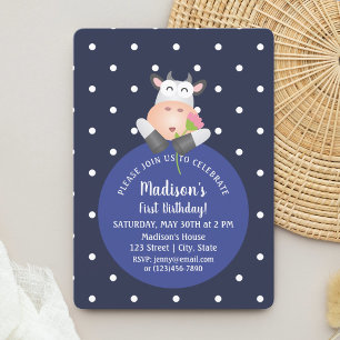Cute Kawaii Funny Cartoon Cow Baby 1st Birthday Invitation