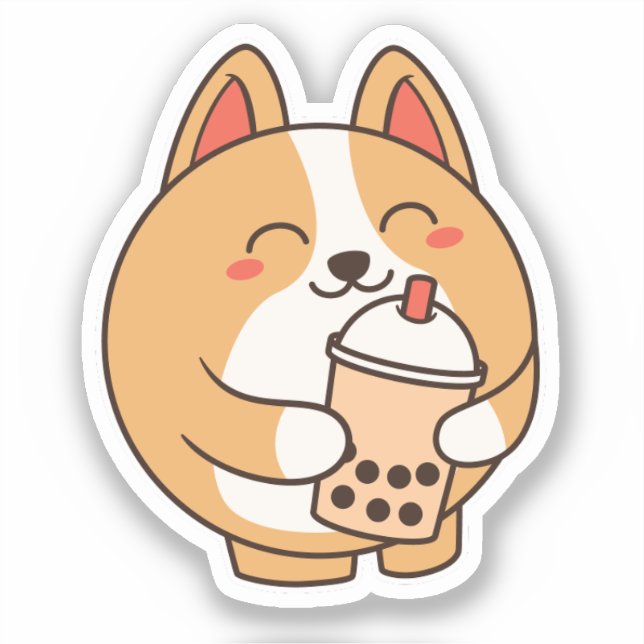 Cute Kawaii Funny Corgi Dog Boba Sticker (Front)