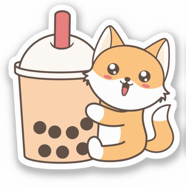 Cute Kawaii Funny Fox Boba Bubble Tea Sticker (Front)