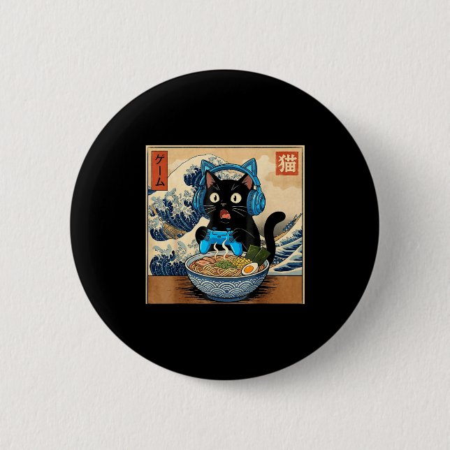 Cute Kawaii Gamer Cat Funny Ramen Japanese Cat Gam Button (Front)