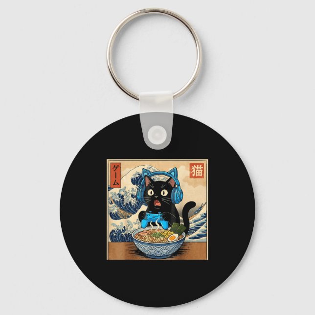 Cute Kawaii Gamer Cat Funny Ramen Japanese Cat Gam Keychain (Front)