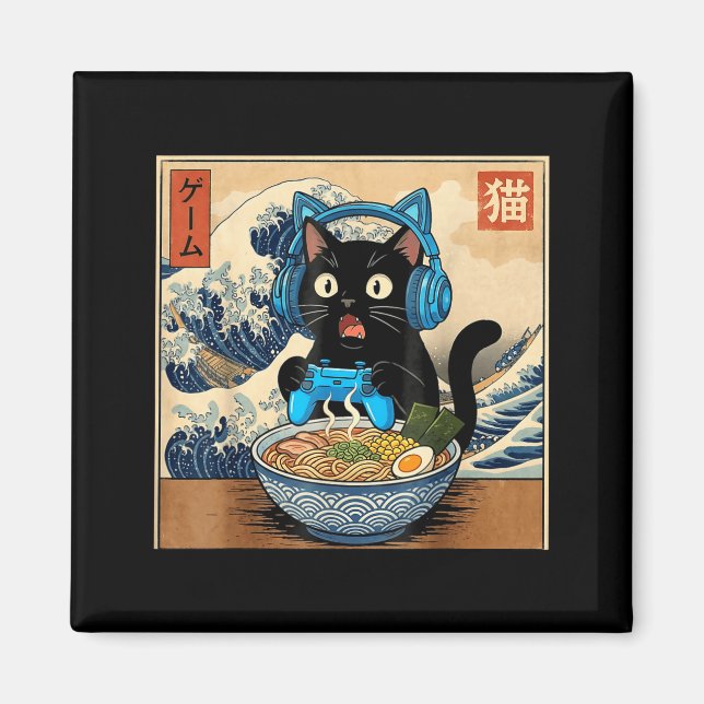 Cute Kawaii Gamer Cat Funny Ramen Japanese Cat Gam Magnet (Front)