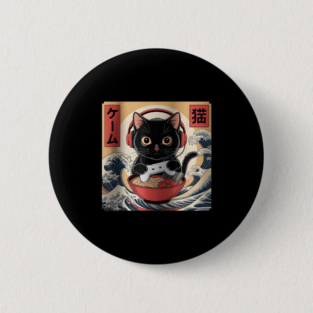 Cute Kawaii Gamer Cat Funny Ramen Retro Japanese C Button (Front)