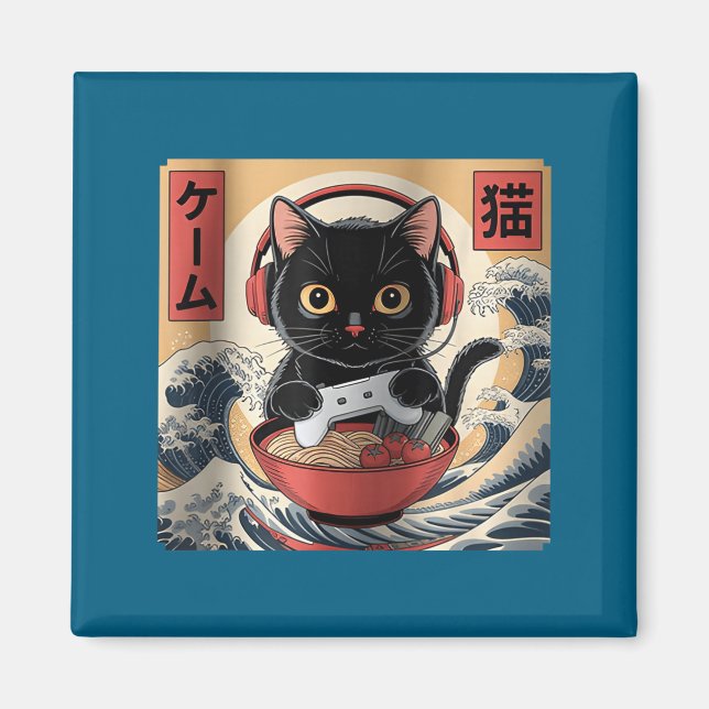 Cute Kawaii Gamer Cat Funny Ramen Retro Japanese C Magnet (Front)