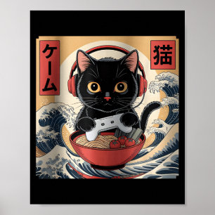 Cute Kawaii Gamer Cat Funny Ramen Retro Japanese C Poster