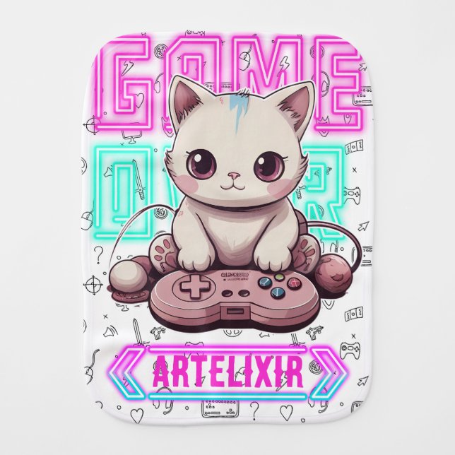 Cute Kawaii Gamer Cat, game over Baby Burp Cloth (Front)