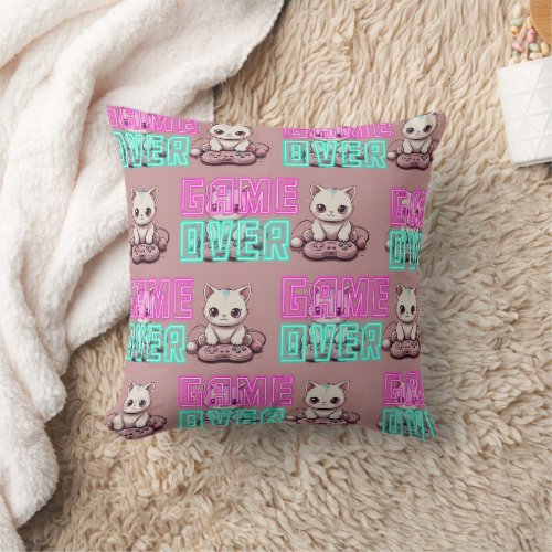 Cute Kawaii Gamer Cat Throw Pillow