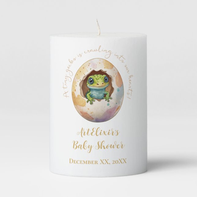 Cute Kawaii Gecko Lizard Egg Baby Shower Pillar Candle (Front)