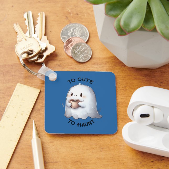 Cute Kawaii Ghost Holding Coffee Watercolor  Keychain (Desk)