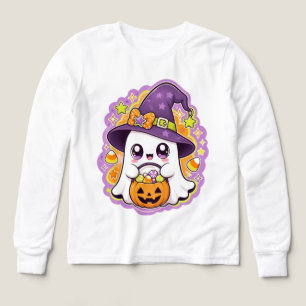 Cute Kawaii Ghost Witch Hat & Pumpkin Candy Bucket Tri-Blend Shirts