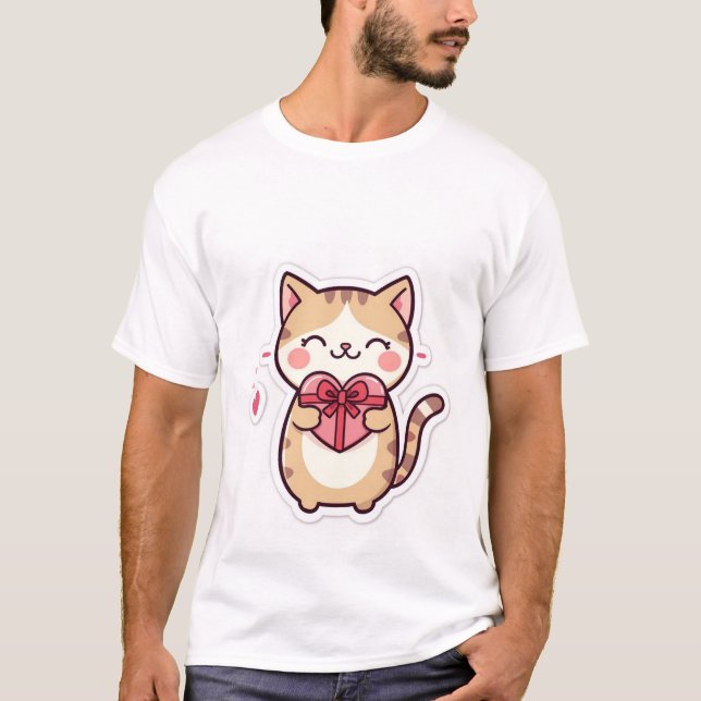 Cute Kawaii Ginger Cat Holding Heart Gift Box  ✨💖 T-Shirt (Front)