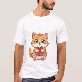 Cute Kawaii Ginger Cat Holding Red Gift Box  ✨🎁 T-Shirt