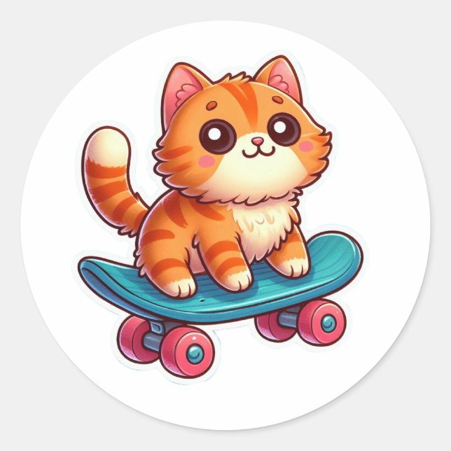 Cute Kawaii Ginger Cat on Skateboard Sticker ✨🐾🛹 (Front)