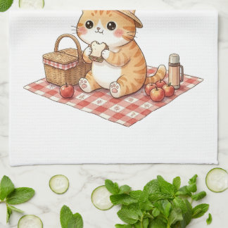 Cute Kawaii Ginger Cat Picnic Retro Kitchen Towel