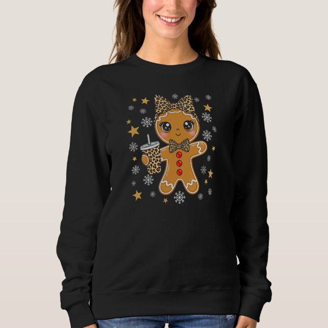 Cute Kawaii Gingerbread Girl Leopard Bow Christmas Sweatshirt (Front)